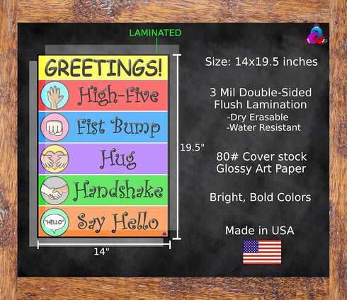 Greetings Poster for Kids, Laminated 14x19.5 in. Classroom Decorations and Back to School Supplies