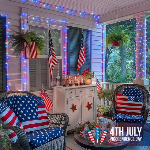 4th 33ft 100 8 4th JMEXSUSS of July Decorations Red White and Blue Lights, LED String Light Indoor Plug-in, Modes