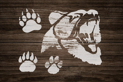 Reusable Grizzly Bear & Paw Print Stencil 11" x 8.5" - Custom Wildlife Design for Nature-Inspired Crafts