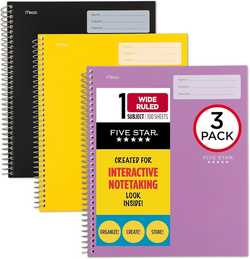 Five Star Interactive Notetaking Spiral Notebooks, 3 Pack, 1-Subject, Wide Ruled, 11" x 8-1/2", 100 Sheets, Black