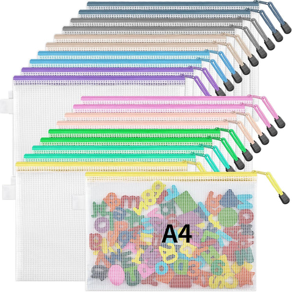 JARLINK 20PCS Mesh Zipper Pouch Bags, 10 Colors, A4/Letter Size Waterproof Zipper Pouches for Classroom Organization,