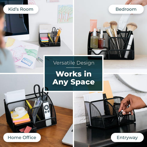 Greenco Mesh Desk Organizer, Small Black Caddy with 6 Compartments for Office & Dorm Room Supplies Storage