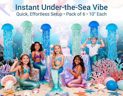 Novobuys 10" Pack 6 Jellyfish Lanterns Hanging Jellyfish Paper Lanterns, Blue Jelly Fish Decoration for Under the Sea