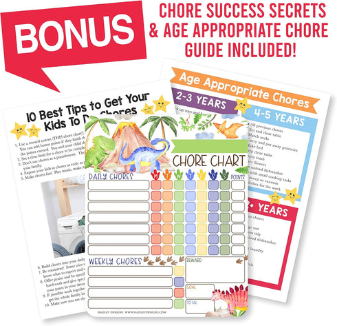 Magnetic Chore Chart for Kids - Good Behavior Dry Erase Daily & Weekly Responsibility List, Dinosaur Design