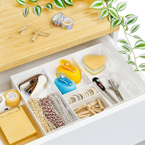 CAXXA 3 Slot Drawer Organizer, White - 4 Adjustable Dividers for Junk Drawer Storage, Office Desk Supplies