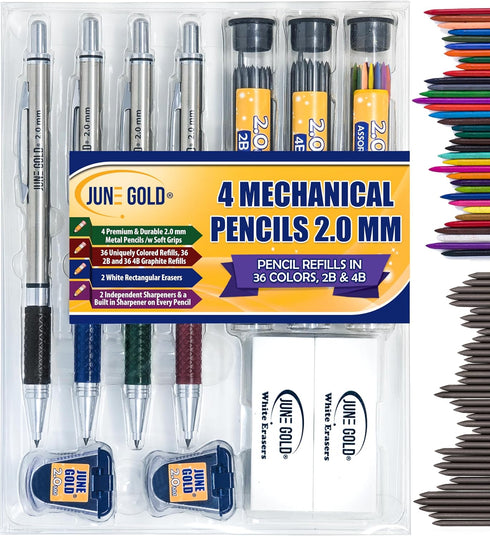 June Gold 4 Pro 2.0 mm Mechanical Pencils, 36 Colored Refills, 36 2B & 36 4B Refills, 2 Sharpeners