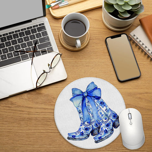 BILLAION 7.9x7.9 Inch Chinoiserie Western Cowgirl Mouse Pad for Desk, Blue Bow Floral Cowgirl Boots Mousepad for Work