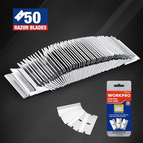 50-Pack WORKPRO Single Razor Edge Blades, Industrial Scraper Razor Blades, High Carbon Steel One Edge Razor Blades