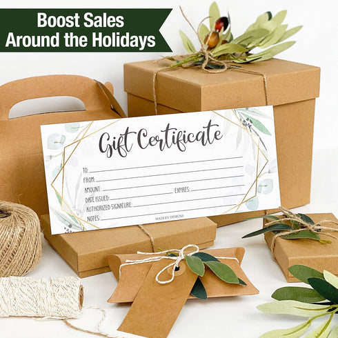 Hadley Designs 25 Geometric Greenery Blank Certificates for Small Business, Paper Voucher for Massage, Hair & Nail