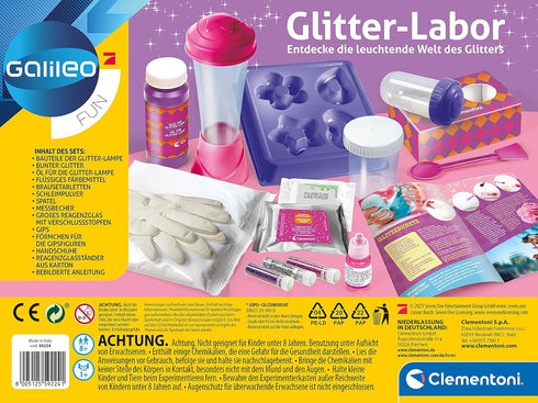 59224 Selbermachen 8 Clementoni Galileo Fun Glitter-Labor, Basteln & Experimentieren mit Glitzer, Kreide, uvm.