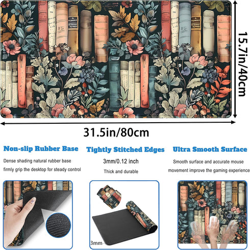 DKPXFG 31.5" 15.7" Floral Books Desk Mat Reading Desk Pad Mouse Mat XXL, Colorful Mouse Keyboard Pad Flower Bookshelf