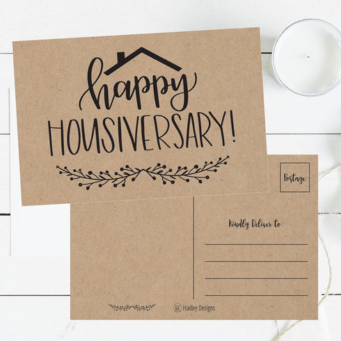 Hadley Designs 25 Kraft Happy Home Anniversary Realtor Cards, Blank Greeting House Postcards, Bulk Thank You Notes