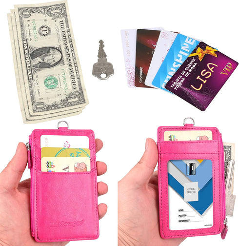 Badge Holder with Zip, Wisdompro Double Sided PU Leather ID Card Holder Wallet Case with 5 Card Slots, Hot Pink