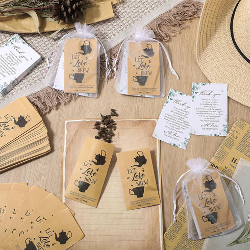ReliThick 100 Sets Wedding Favors Bulk - 100 Kraft Paper Envelopes, 100 Thank You Cards, 100 Organza Bags (No Tea)