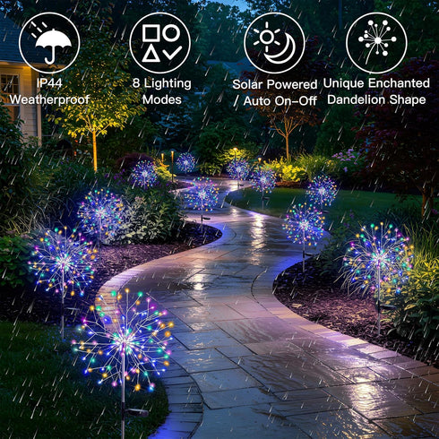 2 Pack 150LED 8 suddus Solar Garden Lights Outdoor Waterproof, Upgrade Solar Firework Lights, Modes Starburst Fairy