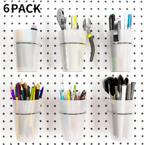 6 Set Pegboard Hooks with Cups - Ring Style Bins for Organizing Storage Accessories (Transparent)