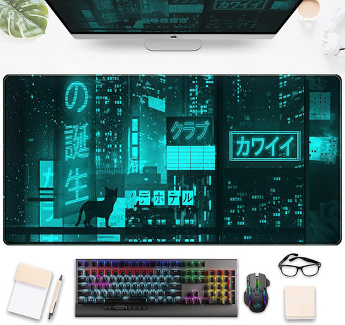 Cyan Green Japanese Desk Mat, Neon Tokyo Extended Mouse Pad Anime Cat Desk Pad, Gaming Mousepad XXL, Large Keyboard Mat for Gamers, Cool Computer Mat for Desk with Stitched Edges 31.5X15.7 in by DSKGSJH