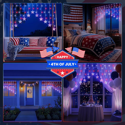 4th String,11.5ft 118LED 8 of July Patriotic Star Icicle Lights,red White and Blue Curtain Waterproof Modes with Timer