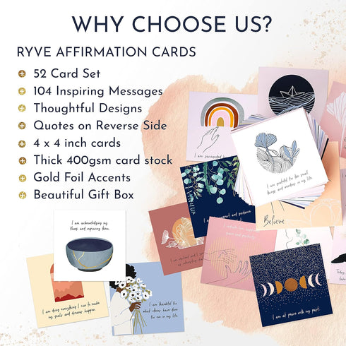 RYVE 52 Positive Affirmation Cards for Women – Daily Motivation & Meditation with Inspirational Quotes, Gifts