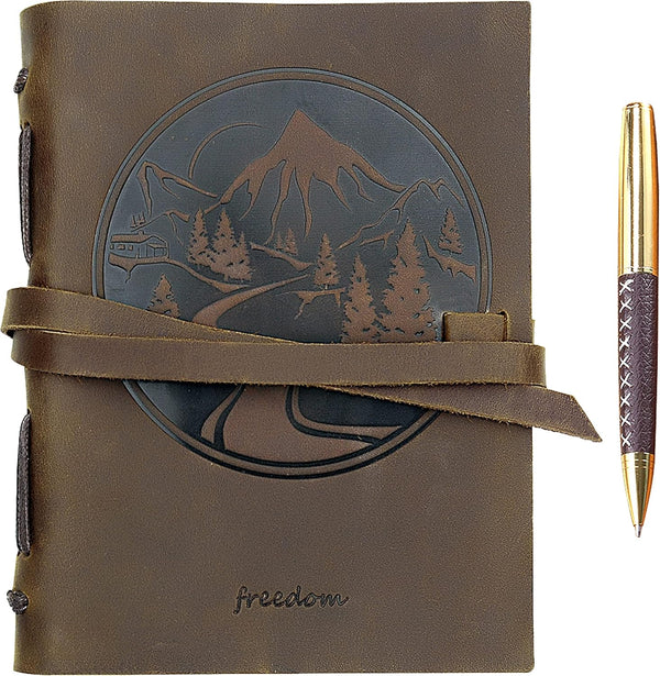 Leather Bound Journal for Men and Women, Handmade Gift Set with Mountain Embossed Journal and Stylish Pen (300 Pages,