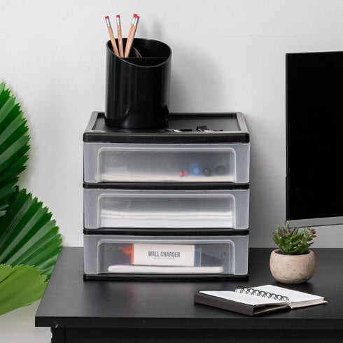 IRIS USA Plastic Stacking Desk Top 3-Drawer Storage Organizer, 1-Pack, for Makep Vanity Nail Polish Bathroom Stationery Art Craft Supplies Kitchen Office Garage and Small Organization, Medium, Black by IRIS