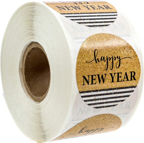 Happy New Year Stickers, 500 Labels, Black & Gold Faux Glitter Sticker
