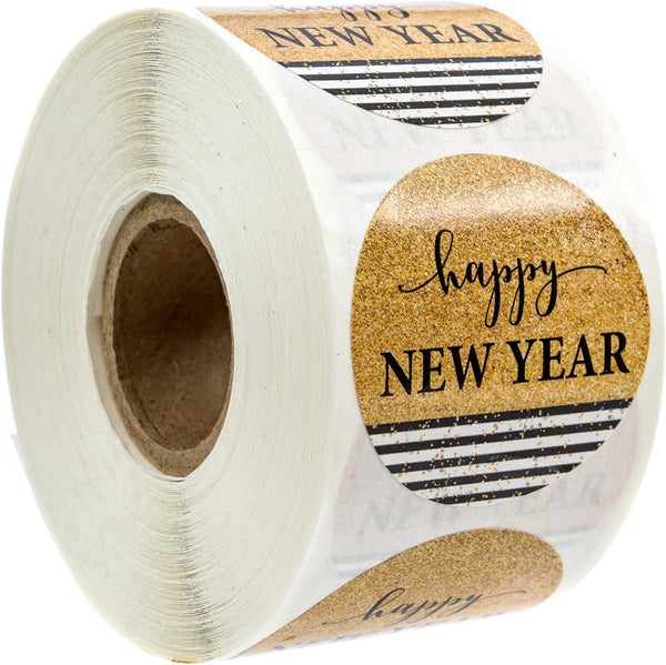 Happy New Year Stickers, 500 Labels, Black & Gold Faux Glitter Sticker