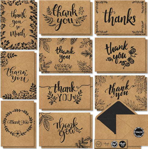 T&M Quality Designs LLC 150 Thank You Cards with Matching Brown Kraft Envelopes and Stickers -
