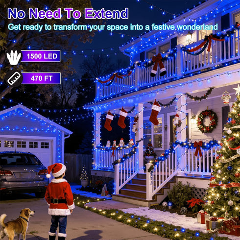 1500LED 470ft 12 Dimmable, Christmas Lights Outdoor Use, Modes Blue LED String Lights with Timer Waterproof Christmas