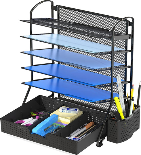 Simple Houseware 6 Tier Desk Document File Tray Organizer with Supplies Sliding Drawer, Black