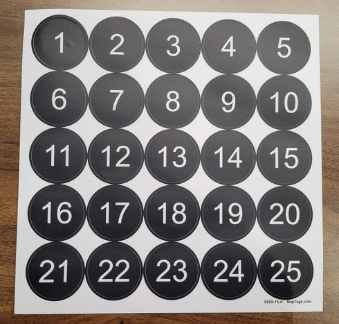NapTags Circle Numbered Vinyl Decal Stickers, 1.5 inches x 1.5 inches (Black with White Numbers, 1-25)