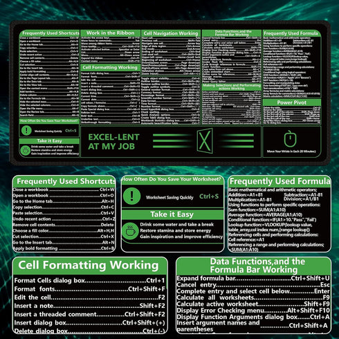 iCasso Excel Cheat Sheet Desk Pad, Extended Large XXL Non-Slip Mousepad with Stitched Edges for Computer (Black)