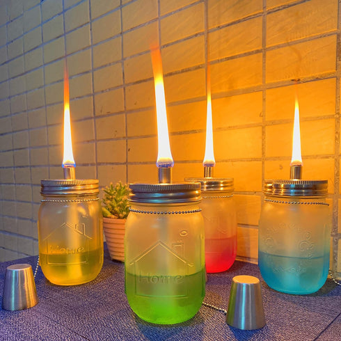 Mason Jar Tabletop Torch Kits, 4 Pack with Longlife Fiberglass Wicks and Stainless Steel Lids
