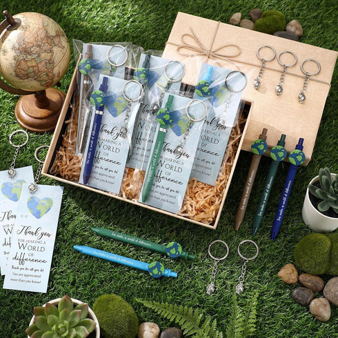 75 Geyoga Pcs Earth Day Gifts Bulk Retractable Earth Pens Rotating Globe Keychain with Inspirational Thank You Cards