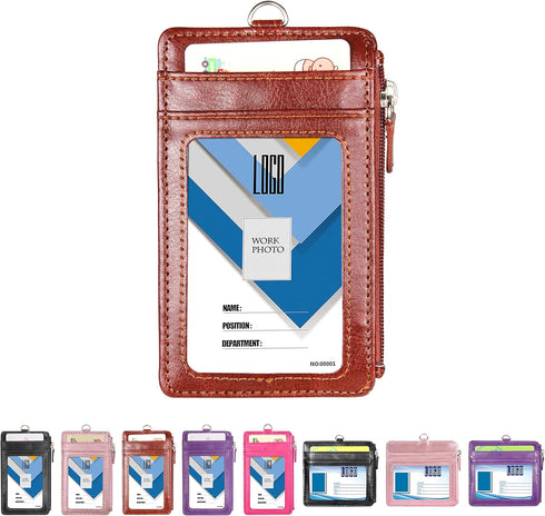 Wisdompro Badge Holder with Zip - 2-Sided Vertical PU Leather ID Holder with 1 ID Window, 4 Card Slots, Brown