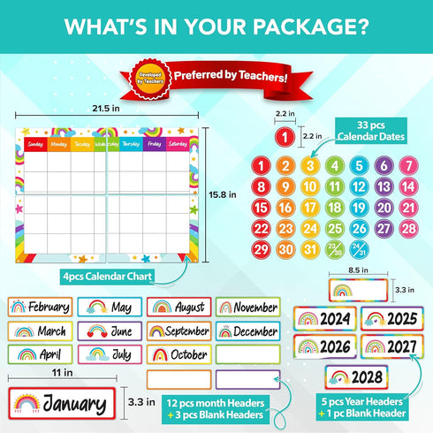 Decorably 147 Pcs Rainbow Calendar Bulletin Board Set for Classroom Teacher Calendar Set