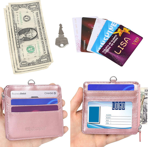 Wisdompro Badge Holder with Zip, 2-Sided PU Leather ID Holder with 1 ID Window, 4 Card Slots, Zipper Pocket, 20 Inch