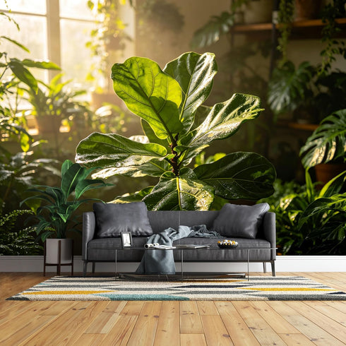 QZLITHOTIC Custom Size Wall Mural Botanical Green Fiddle Leaf Fig Sunlight Indoor Garden Scene SelfAdhesive Wall Fabric