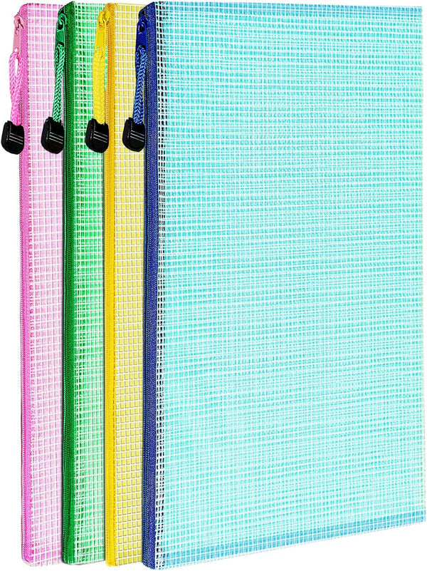 LEOBRO 4 Pack Mesh Zipper Pouch, 13.2"x 9.2" A4 Size Bags with Zipper, Plastic Envelopes for Organization & Travel