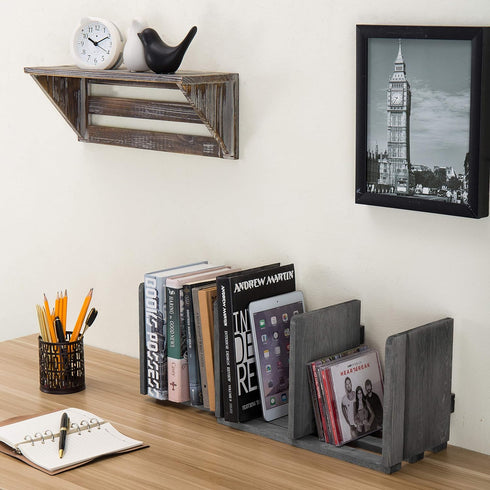 MyGift Expandable Adjustable Barnwood Gray Wood Desktop Bookshelf Organizer, Display Shelf Book Rack