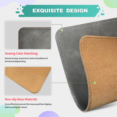 Leather Mouse Pad with Stitched Edge, Non-Slip Waterproof Micro-Fiber Base for Computers, 8x11 Inch (Gray)