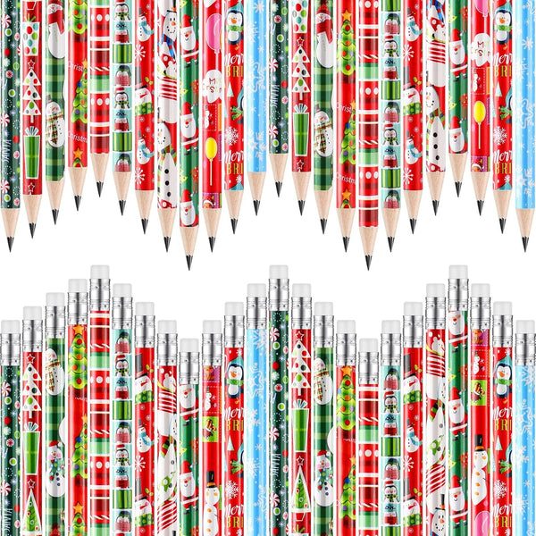 Christmas Pencils Bulk for Kids, Colorful Winter Wood Pencils with Eraser, 12 Styles (96 Pcs)