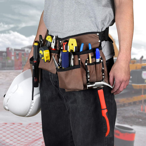 11 Pocket Heavy Duty Construction Tool Belt - Brown and Black Work Apron with Poly Web Belt, Adjusts 33 to 50