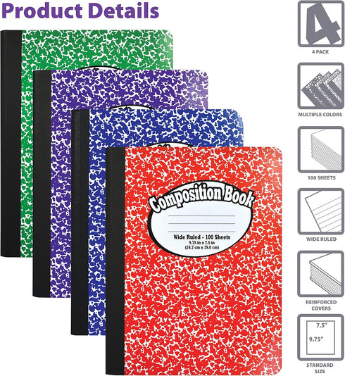 Better Office Products Composition Book Notebook, Hardcover, Wide Ruled, 100 Sheets, 9.75" x 7.5", Assorted Covers