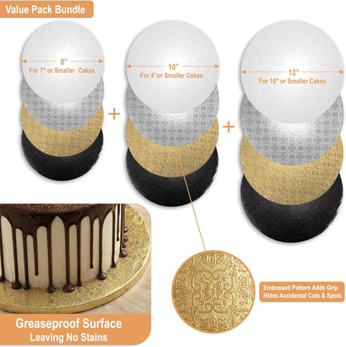 8, 10 12 Inch (12 Pack) 1/2" BOARDS+ Cake Drums & in White, Silver, Gold & Black Color | Thick CakeBoard Circle Rounds