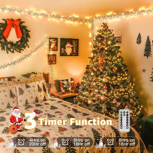 1200 59 8 LED FT Cluster Lights, Warm White Christmas Tree Lights Modes Timer Remote, Waterproof String Lights