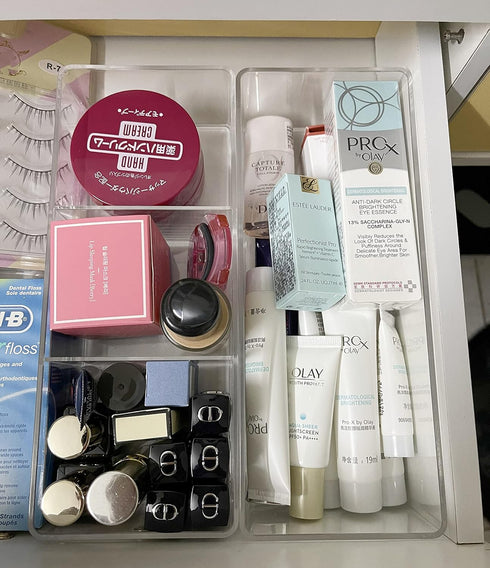 Stackable Clear Drawer Organizers, Small Makeup Vanity Storage Bins, Office Desk Drawer Dividers, 2 Pack Triple