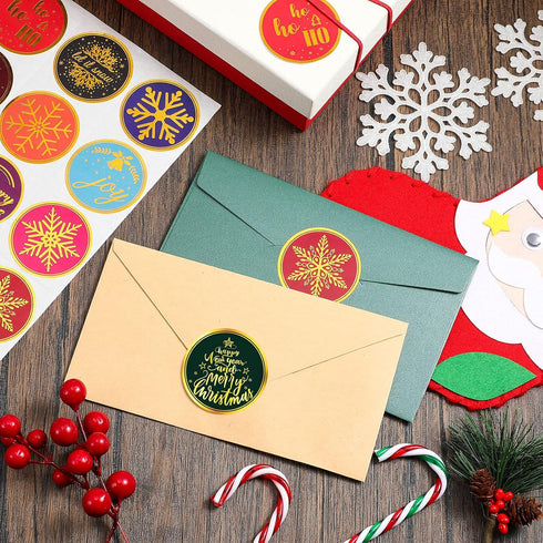 Clabby 360 Pieces Merry Christmas Stickers, 2 Inch Gold Snowflake Adhesive Labels for Xmas Cards, Gift Envelopes, Party