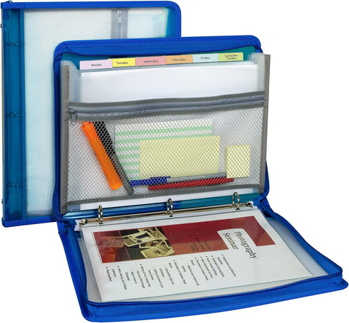 C-Line Zippered Binder with Expanding File, 2" Expansion, 7 Sections, Zipper Closure, Letter Size, Bright Blue