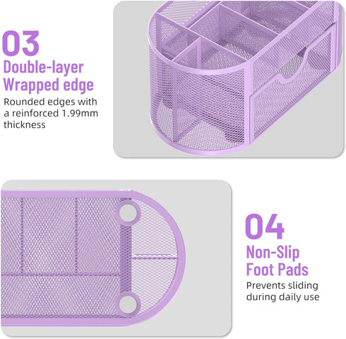 SUPEASY Mesh Desk Organizer with Drawers, 9 Compartments for Office Supplies, 8.6 x 4.3 x 4.1 Inch, Purple